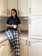 Women summer pajama set Dark Blue Tee + Dark Blue X Light Blue Checkered Pants